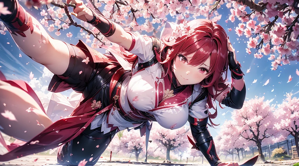 (((One man))) [[[cherry blossom]]] a long red hair samurai in a fight position, training and practicing by himself, alone under this gorgeous Cherry Blossom tree. Wind is taking all the leafs [[[cherry blossom leafs are falling from the tree]]] (((beautiful pink cherry blossom leafs))), golden sun, sundown, 4k, unreal engine, high quality details, amazing quality.