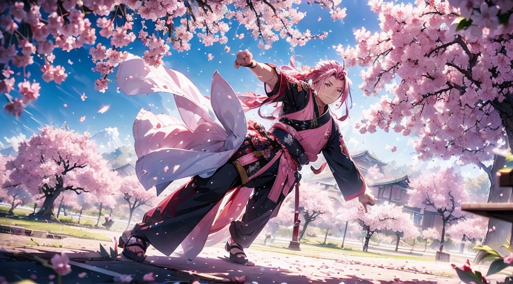 (((One man))) [[[cherry blossom]]] a long red hair samurai in a fight position, training and practicing by himself, alone under this gorgeous Cherry Blossom tree. Wind is taking all the leafs [[[cherry blossom leafs are falling from the tree]]] (((beautiful pink cherry blossom leafs))), golden sun, sundown, 4k, unreal engine, high quality details, amazing quality.