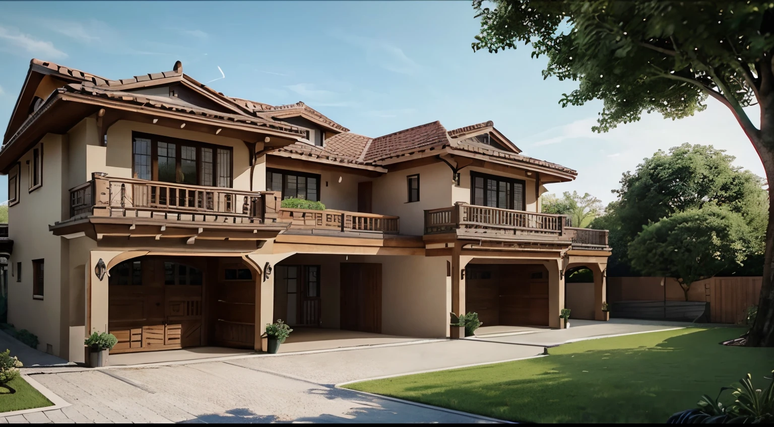 a rendering of a two story house with a garage and balcony, a digital rendering by Maximilian Cercha, instagram, realistic architecture, complete house, beatiful house, stacked houses, peaceful wooden mansion, great architecture, inter dimensional villa, architectural rendering, arhitectural shot, highly detailed architecture, overall architectural design, concept house, rich house, renaissance, Classicism, Minimalism