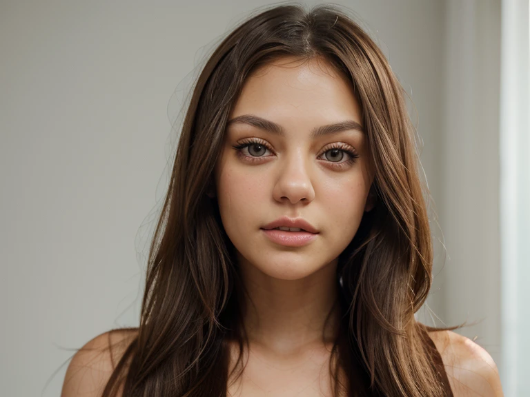 clear, very detailed portrait of a young, beautiful girl of 27 years.  Shot on sony a7lll 85mm.  3d face model.  great detail.  Brunette girl.  has big brown eyes, eyes similar to the eyes of Mila Kunis.  mve facial features of a Ukrainian woman.  also combines traits of romee strijd.  has plump juicy lips.  hair  straight, slightly twisted.  portrait on a white background. Like life girl.
