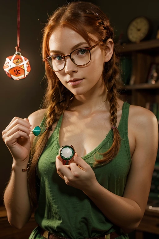 charming girl with glasses and green eyes, long red hair tied in a braid, light complexion, dressed casually, holding a 20-sided die in her hand
