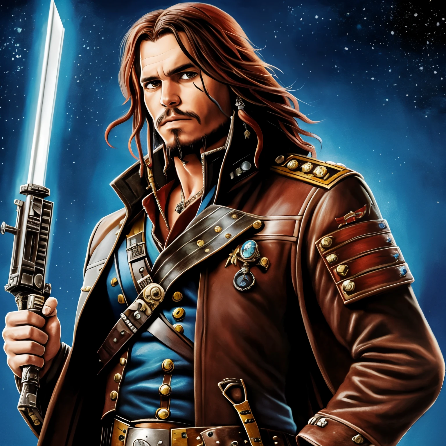 a portrait of a Warhammer 40k rogue trader in a painter style inspired by Han Solo, jack sparrow, keith richards.