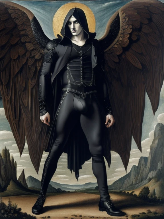 full body ((goth man)) in the style of ((The Fallen Angel)), ((briefs, big bulge)), handsome, centered, perfect composition, painting by Sandro Botticelli , canvas texture, oil painting, fresco style, renaissance style. centered, perfect body composition,