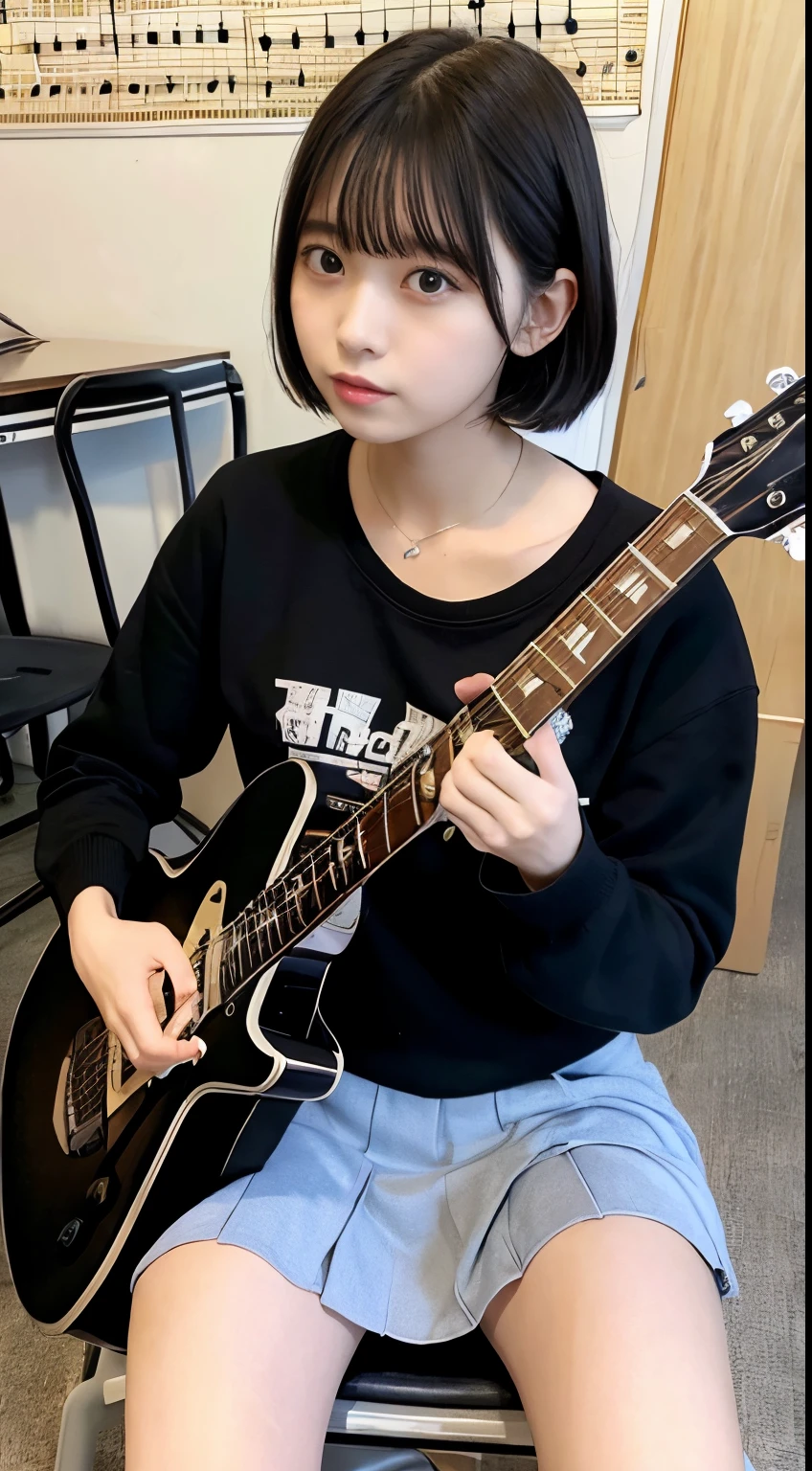 Masterpiece,high quality, schoolgirl,black short hair, messy hair,black serafuku,sitting on chair, very disgusting look, (guitar:1.5) ,crowd,classroom