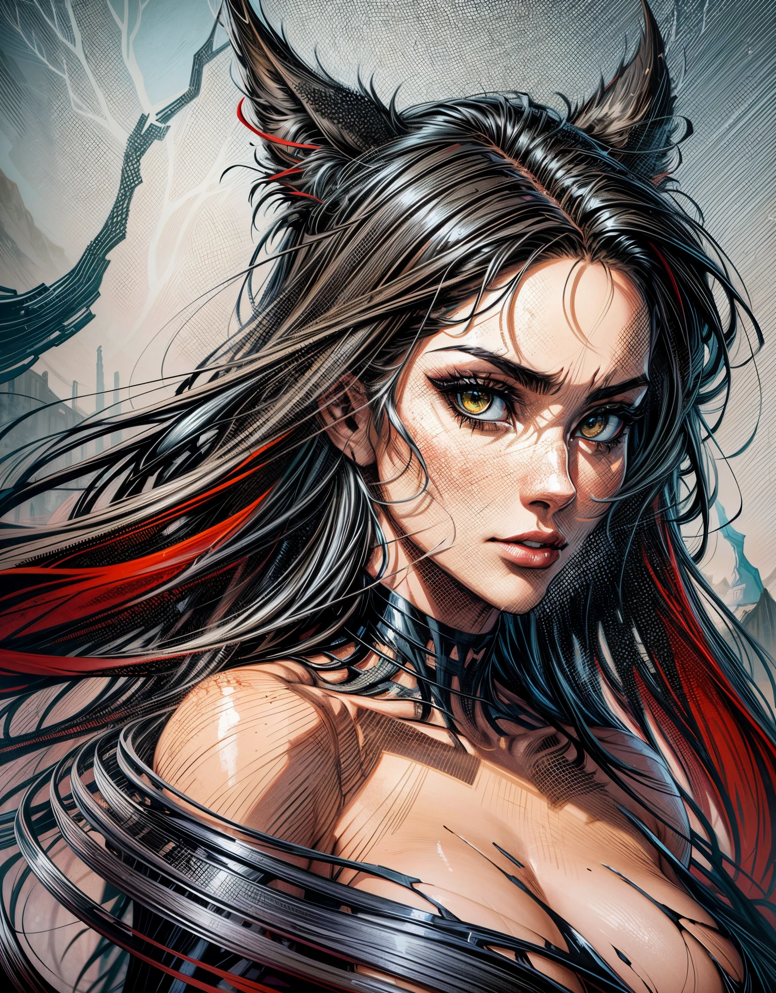 Capture the essence of a captivating female figure with black fur, radiating a sense of both beauty and terror. Set against the enchanting backdrop of the Alaska mountains beneath a full moon night, depict her amidst dry trees and undergrowth, with intricate details enhancing the scene's allure. Infuse the composition with the distinct art styles of notable artists like Greg Rutkowski, Daniel Castan, Carne Griffiths, Andreas Lie, Russ Mills, and Leonid Afremov. Against a black background, create a comic-book oil painting that harmonizes both the ferocity and elegance of nature, paying homage to the artistic influences mentioned. The goal to convey a visually compelling narrative that blends the mystique of the wild with the captivating allure of the female form.