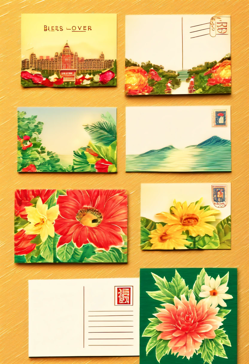 Best quality at best,8K,A high resolution,tmasterpiece:1.2,(actual:1.37),(a beautiful postcard:1.8),made of cardboard,beautiful postcard,postcard,The postcard has a beautiful pattern printed on one side, There a blank space on the other side,Can write letters.Write bold text on postcard "Bless your lover",folded postcard, Art style postcard,Postcards are used as travel souvenirs,Precious souvenirs,There love,art souvenirs,Artistic creation,Artistic expression,vibrant with colors,special design