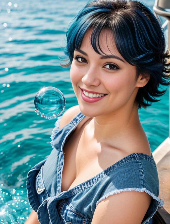 (highres:1.2), realistic sailor Mercury, smiling,blue jean outfit, beautiful detailed eyes, beautiful detailed lips, mercury background, bubbles