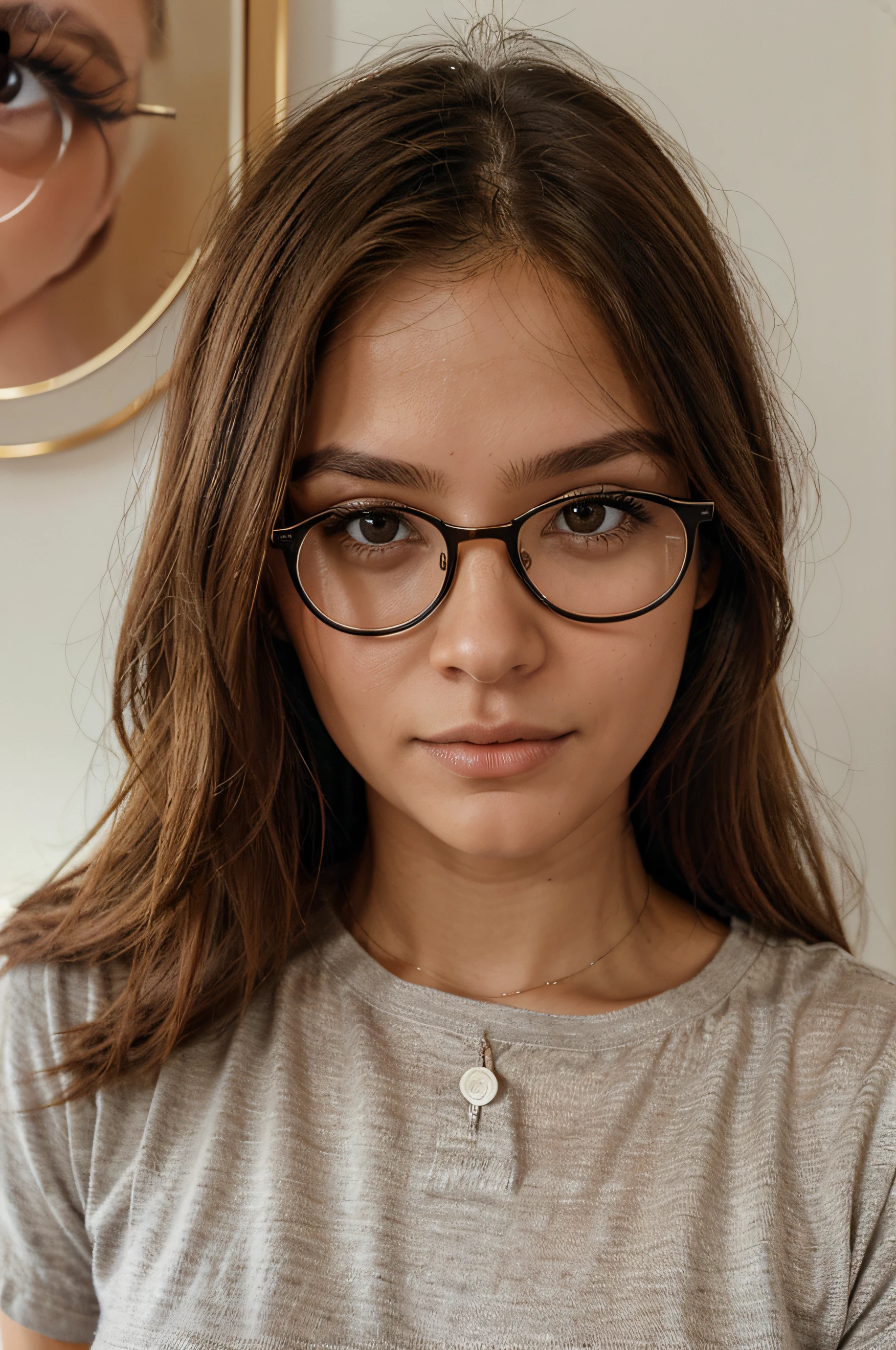argentinian girl, (mikaela Sorin) , slim, petite, close up picture, photo-realistic, nice boobs. heterochromia. glasses. shy smile.