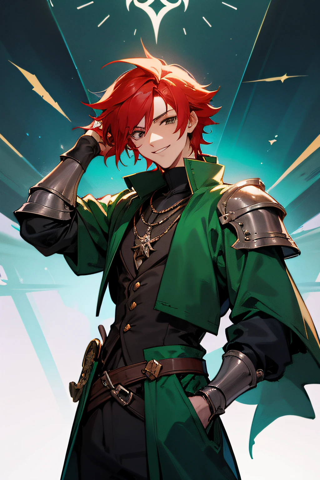 Put your hands in your pockets., I stand up, final fantasy pirate ,young, Red-Haired, Emerald eyes, fantasy, handsome ,Talk a lot, middle ages, Shoot me. ,smile, armature, steal