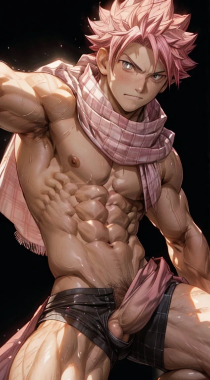 masterpiece, best quality red eyes, game cg, 1boy naked penis and V-Line body, solo, male focus, (looking at viewer), upper body natsu_dragneel Natsu Dragneel, pink hair, brown eyes, shirtless naked, ((white scarf:1.2)), toned muscle pectorals, 8 abs, toned legs, legs, slightly bulged,  detailed, spotlighting, spotlight, black background of photo studio