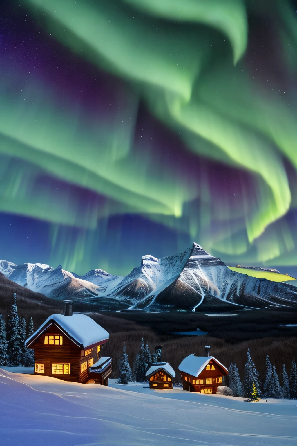 winter town, houses, forest, mountains, night, cosy, stars, aurora borealis, realism photography