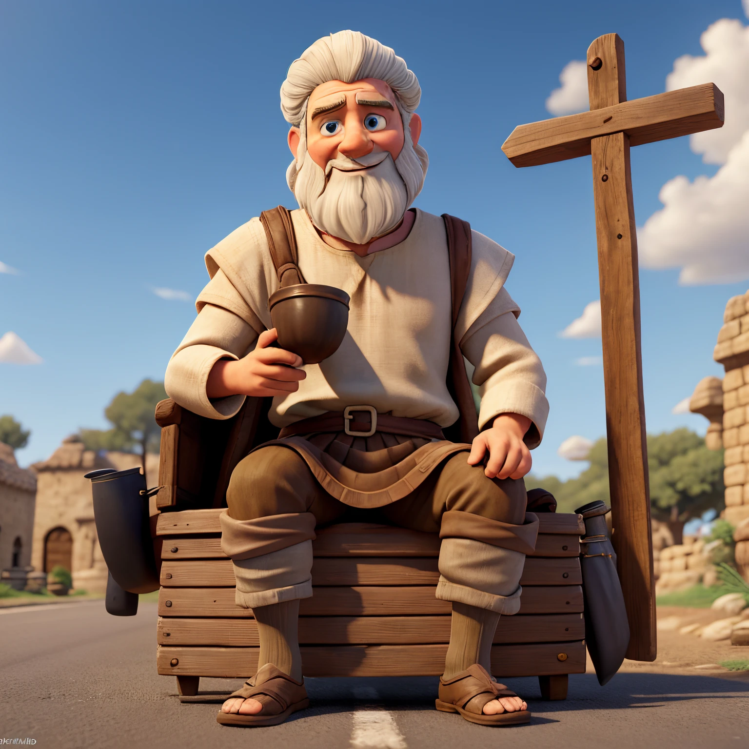 Biblical character, named Bartholomew, blind, male, 30 years old, hyper-realistic style, 8k, ultra HD, disney style, cinema 4d, sitting on the side of the road, modestly dressed in 1st century clothing, and holding a pot for receive alms.
