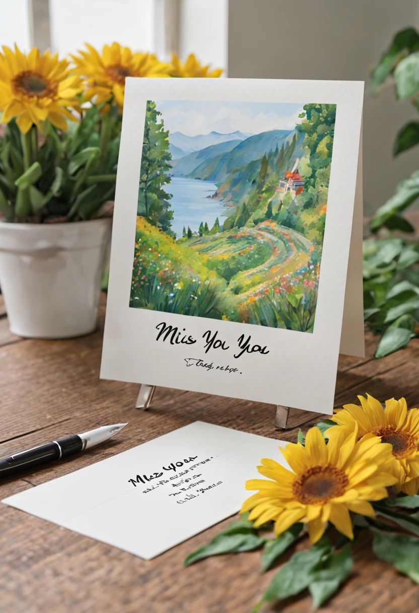 miss you！in this special su#39;m sending this postcard especially，I hope you can receive many postcards with my care and blessings.(Add white border) Letter pen on desk