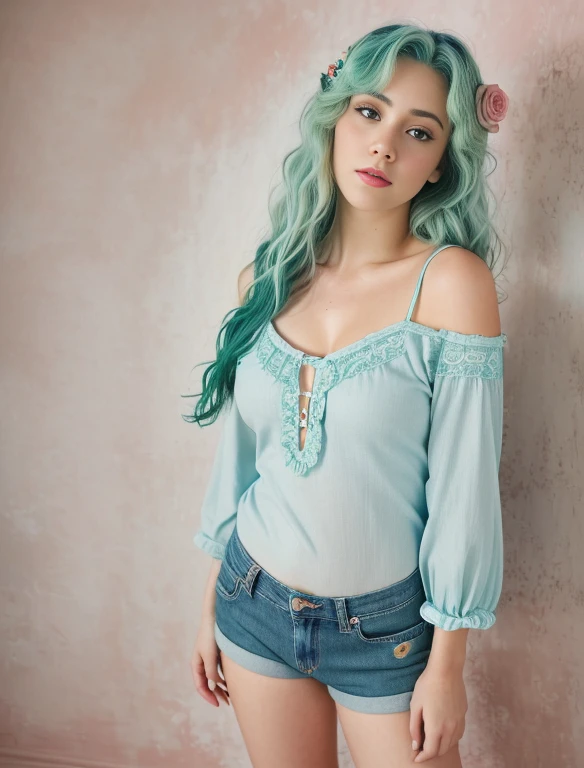 (best quality,highres:1.2),(realistic,full body shot,photo-realistic:1.37),sailor Neptune (sea green hair) ,blue jean outfit,beautiful detailed eyes,beautiful detailed lips,roses,love symbolism,pastel colors,soft lighting