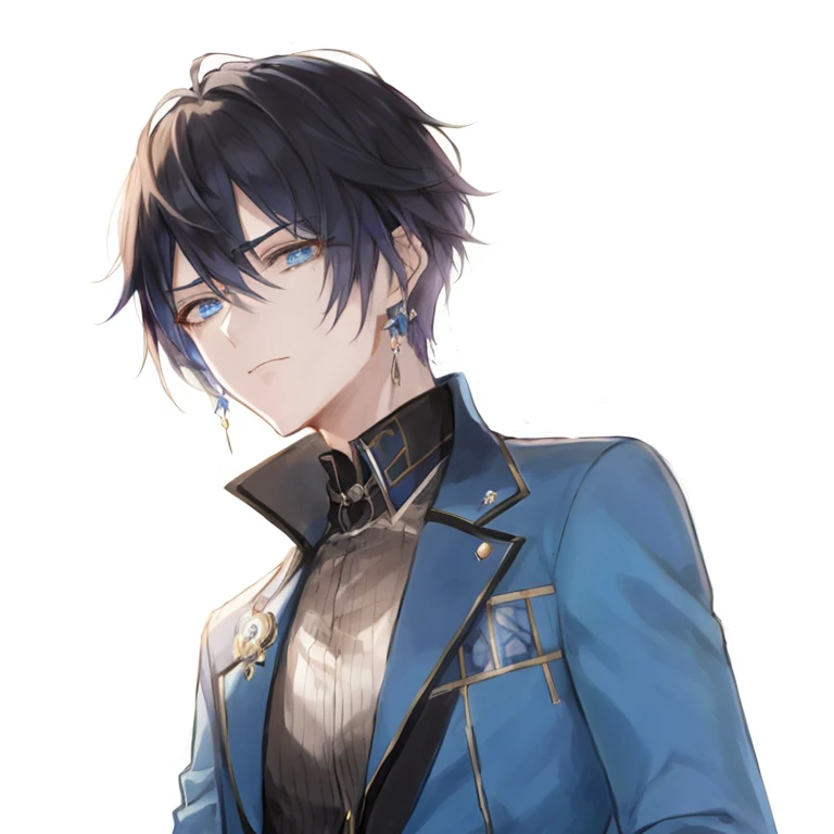 Anime, A man wearing a blue suit with a black collar, delicate androgynous prince, beautiful androgynous prince, keqing from genshin impact, Official Character Art, shigenori soejima illustration, inspired by Yamagata Hiro, sad eyes, tall anime man with blue eyes, masamune shiro