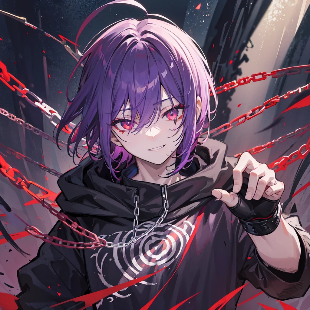 Guy, purple hair, red eyes, disheveled hair, Eyes glow, darkness covers the body, Black tattoos, hooligan,  looking at the camera, in front of a forest background, Smiling, nut, Chain in the left hand, darkness in the right hand, Short Hair Hair, black darkness