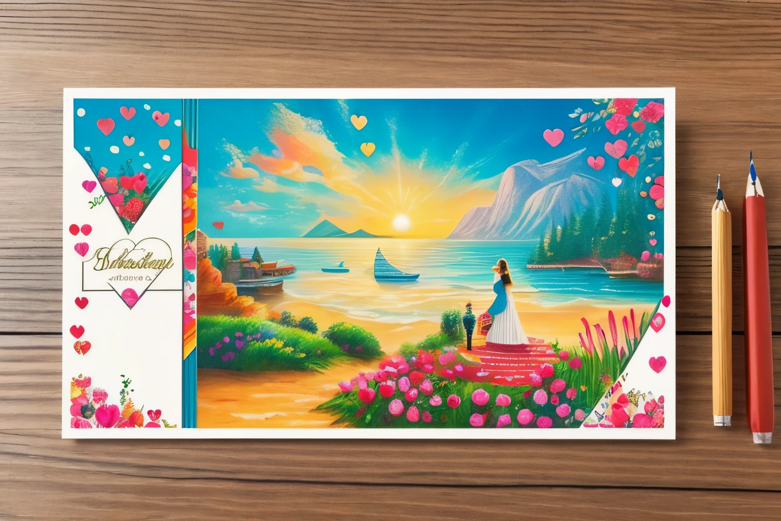 Best quality,8K,A high resolution,tmasterpiece:1.2,(actual:1.37),beautiful postcard,postcard,Letter pictures with heart,Bold type "Bless your lover",folded postcard, Art style postcard,Detailed stamp,