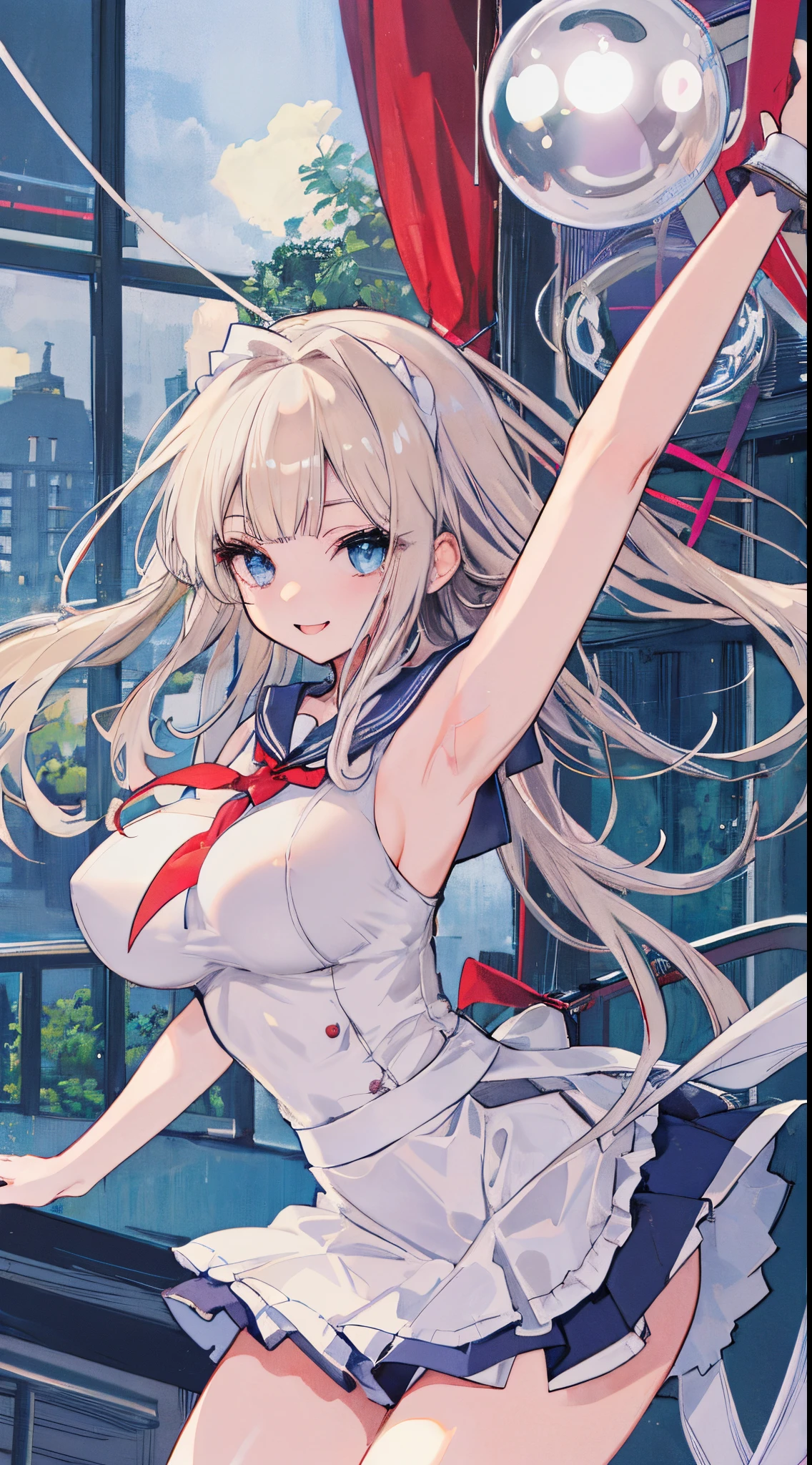 top-quality、realistic touch,high-detail、photoRealstic、Long body、captive beauty、big eye、Colossal tits、Strong platinum blonde eyelashes、platinum-blond、full body Esbian、Sparkling eyes、Submissive smile、Flushed cheeks、Kamimei、thin-waist、Voluptuous thighs、Enraptured look、Raked bangs、The forehead is protruding、Tight sailor uniform、sleeveless、Tight and short skirt with a large slit、Inside a school classroom、She isn't not wearing panties、High-waisted skirt、maid costume