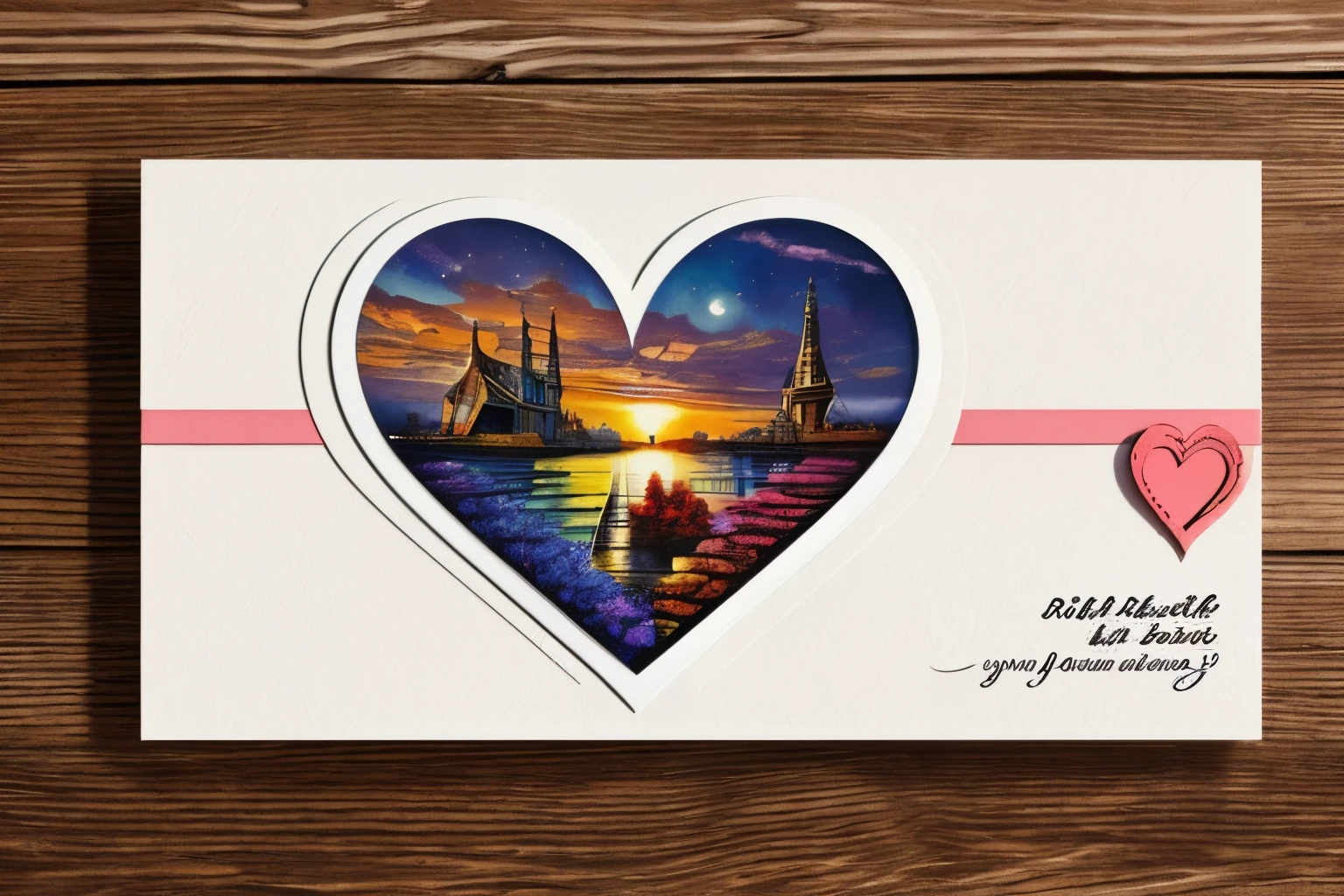Best quality,8K,A high resolution,tmasterpiece:1.2,(actual:1.37),beautiful postcard,postcard,Letter pictures with heart,Bold type "Bless your lover",folded postcard, Art style postcard,Detailed stamp,