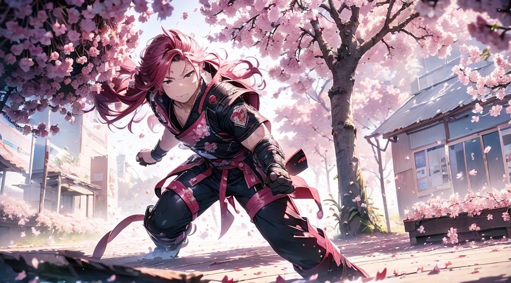 (((One man))) [[[cherry blossom]]] a long red hair samurai in a fight position, training and practicing by himself, alone under this gorgeous Cherry Blossom tree. Wind  taking all the leafs [[[cherry blossom leafs are falling from the tree]]] (((beautiful pink cherry blossom leafs))), golden sun, sundown, 4k, unreal engine, high quality details, amazing quality.