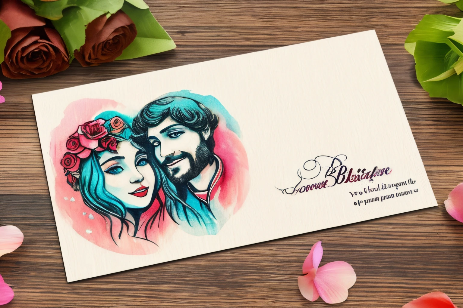 Best quality,8K,A high resolution,tmasterpiece:1.2,(actual:1.37),beautiful postcard，postcard，Letter pictures with heart，Bold type "Bless your lover"，folded postcard， Art style postcard，Detailed stamp，