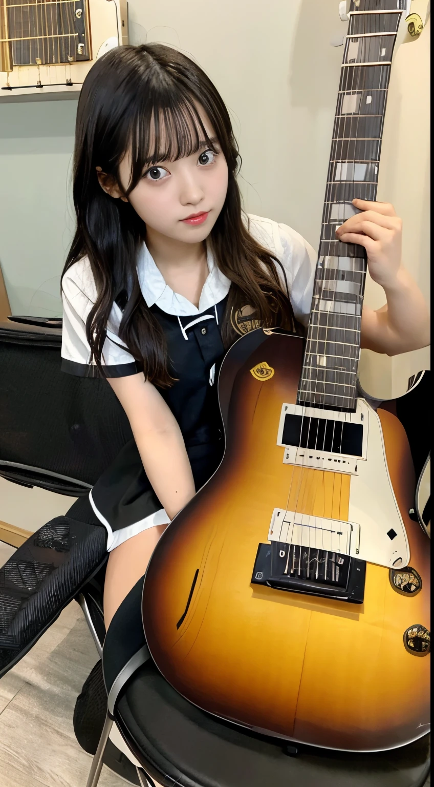 Masterpiece,high quality, schoolgirl,black short hair, messy hair,black serafuku,sitting on chair, very disgusting look, (guitar:1.5) ,crowd,classroom