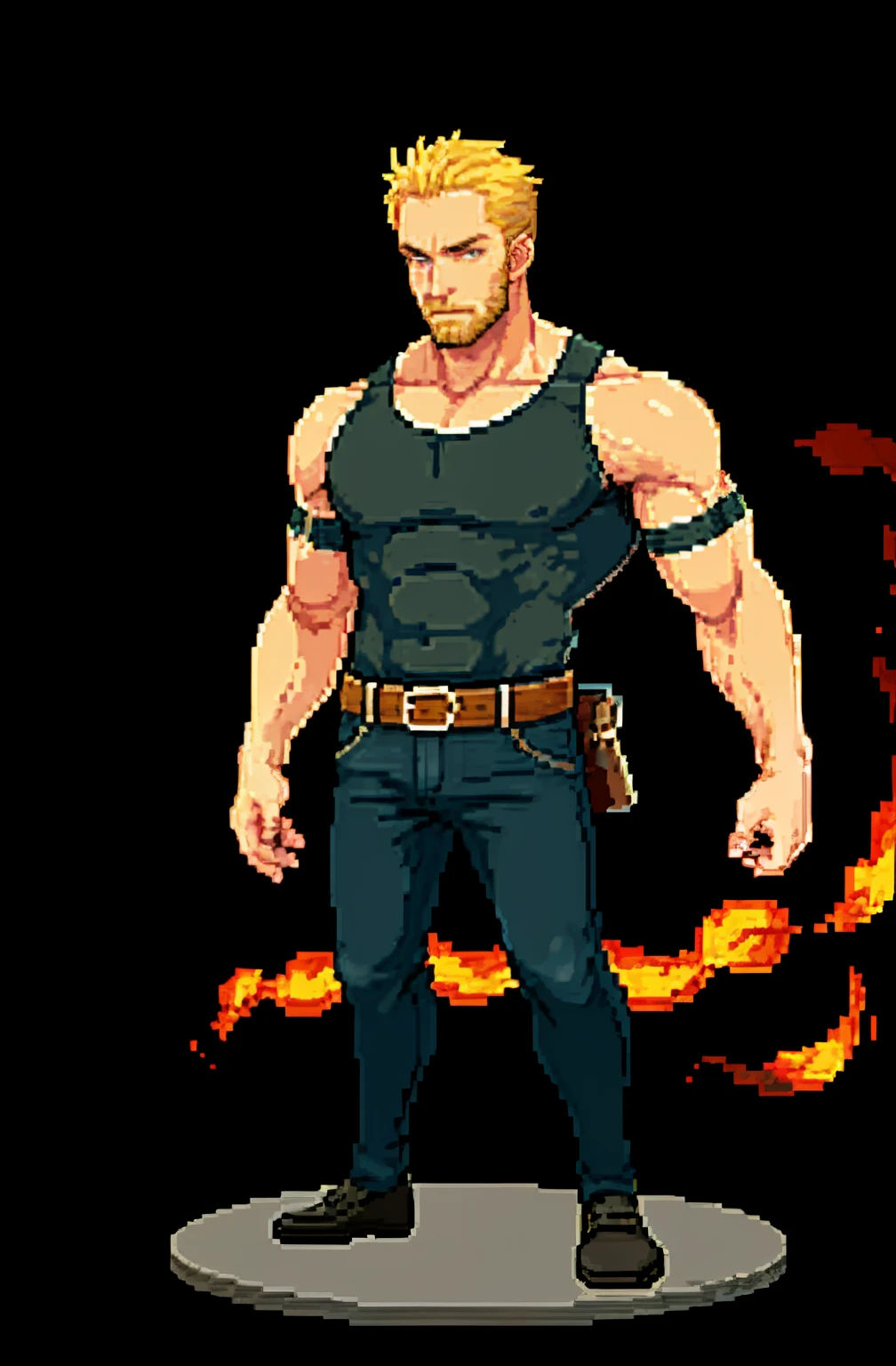 (masterpiece, superior quality, best quality), pixel, pixel art, 1homem, character based on the photo used, full body!, A man, in his 30s, very strong, broad shoulders, with a tattoo on his arm, eye irises of the same color, very detailed eyes, with yellow hair, very short hair , wearing a black camouflage army blouse, black blouse, black jeans, in the background there are red flames, put a dark black background, place the character on top of a circular platform made of beige stones,