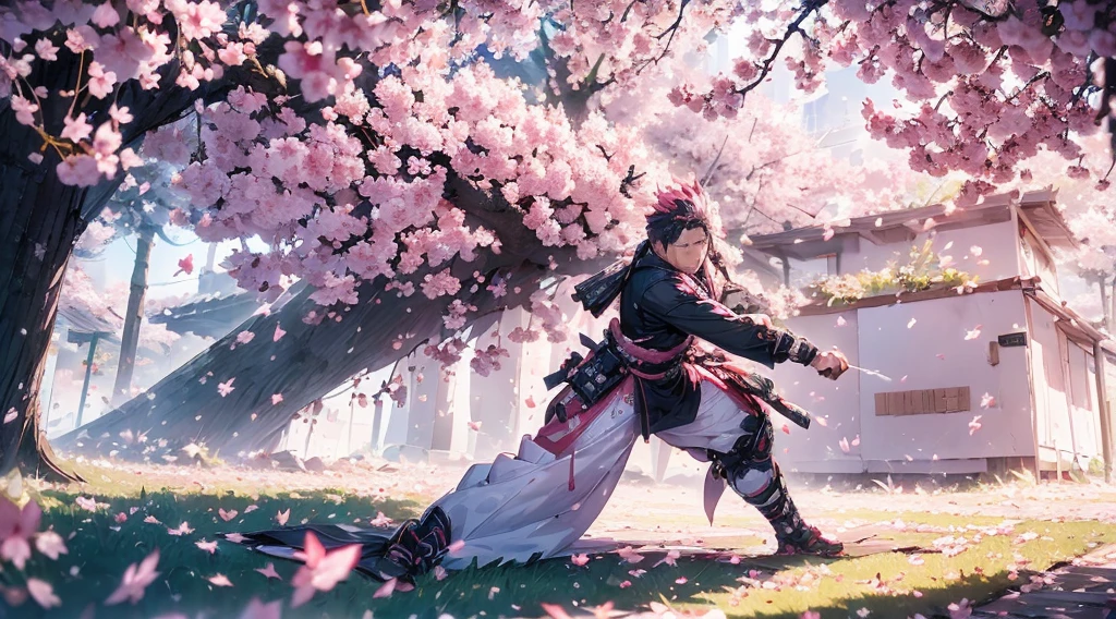 (((One man))) [[[cherry blossom]]] a Samurai in a fight position training and practicing by himself, alone under this gorgeous Cherry Blossom tree. Wind  taking all the leafs [[[cherry blossom leafs are falling from the tree]]] (((beautiful pink cherry blossom leafs))), golden sun, sundown, 4k, unreal engine, high quality details, amazing quality.