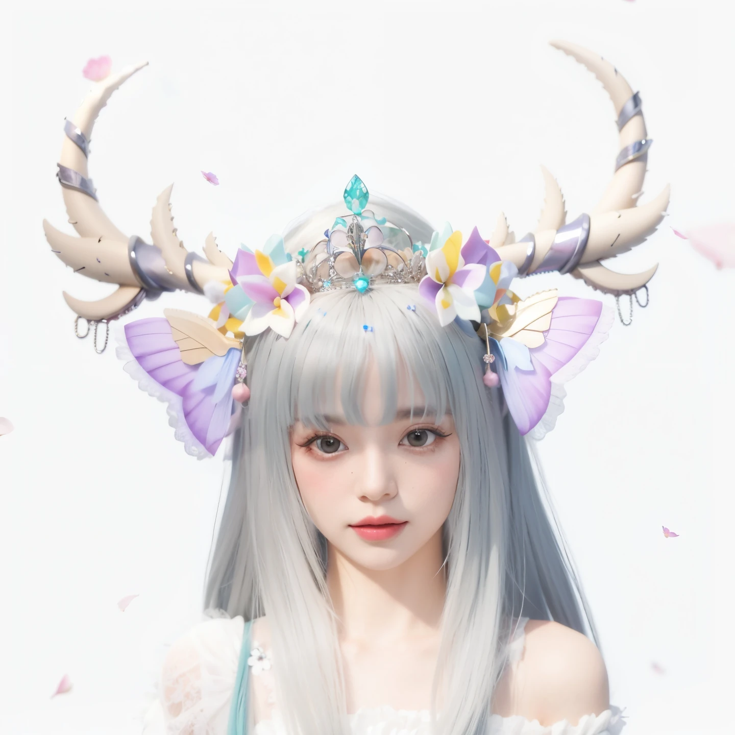 there is a 3D image of a woman with horns and flowers, tiara fantasia ultra realista, white horns queen demon, projeto da menina chifres exuberantes, usando uma coroa feita de chifres, chifres bonitos, usa uma coroa cinza claro, lotus floral crown girl, chifres curtos, coroa branca, chifres brancos das sobrancelhas, A coroa da mariposa, nordic crown, Fairycore
