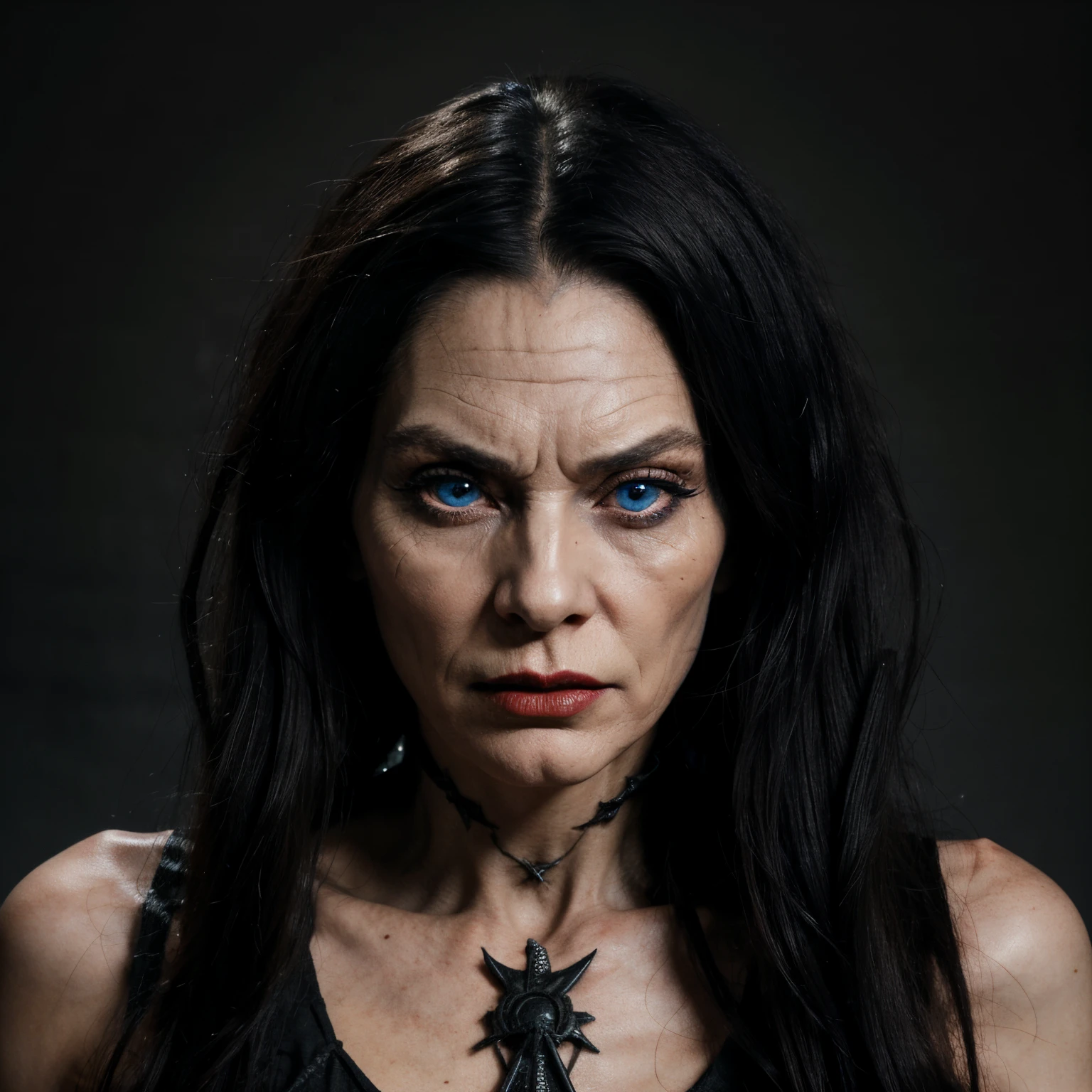 Very old witch, white and wrinkled skin, long bony thin face, high cheekbones, red lips with red lipstick, very very big blue eyes, black gothic makeup,
Very angry and scary, big bony nose, mean, dangerous selfish ruthless domineering