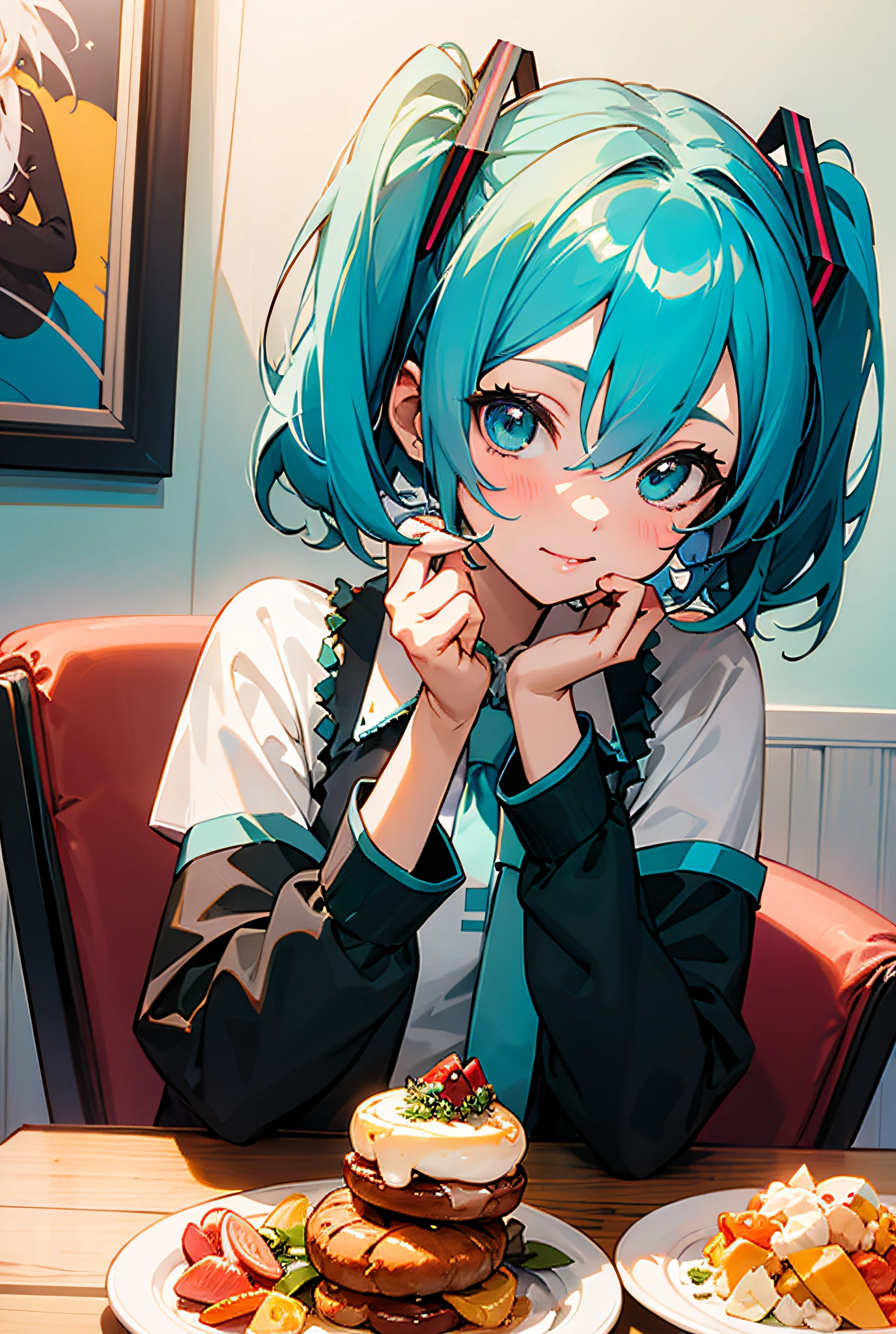 Anime girl sitting at the table，Holding a plate of food in his hand, mikudayo, Cyan hair anime girl, Anime cute art style, Anime style 4k, nightcore, Inca, Hatsune Miku short hair, mirai, Portrait of Hatsune Miku, Official artwork, song, pixiv, Pixiv trends, pixiv ranking, hatsune miku portrait