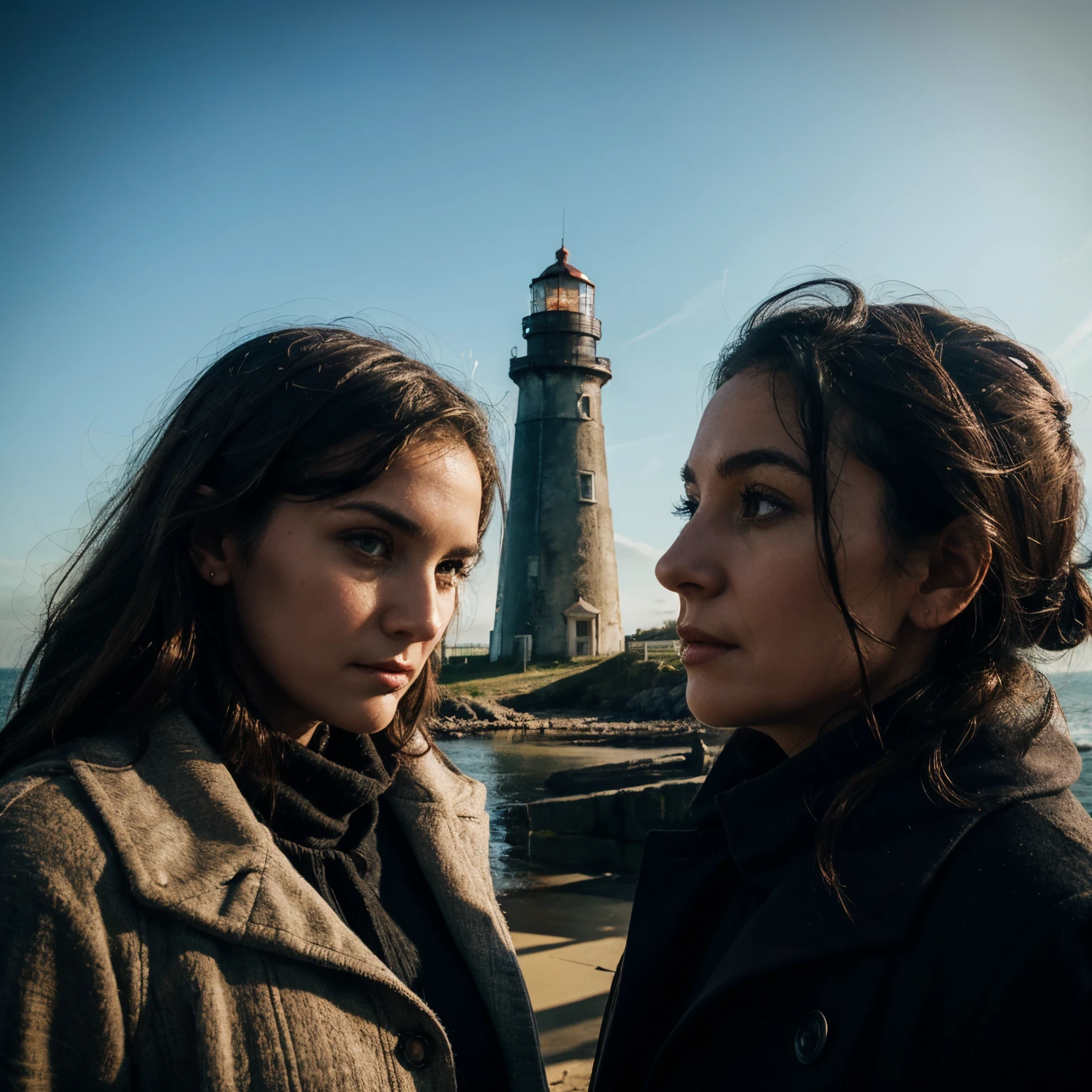 Make me a movie poster with a eerie lighthouse in the background with a young female detective and an old lady in the lighthouse