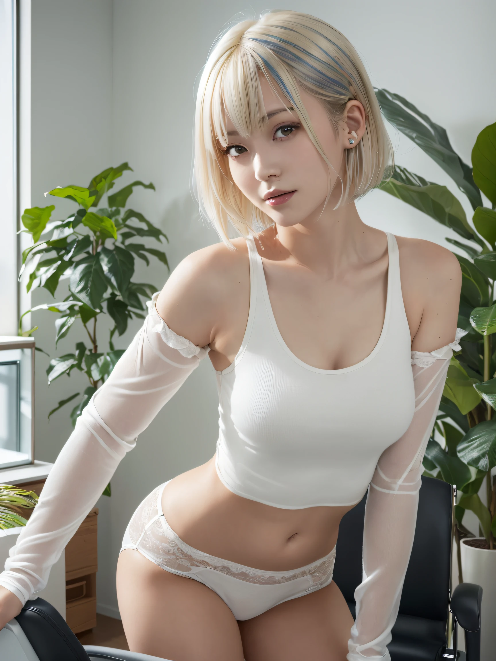 masutepiece, Best Quality, japanaese girl,1girl in, 8K, Raw photo, top-notch quality, masutepiece, nffsw:1.2, exceptionally detailed RAW color photo, professional-grade photograph, (Realistic, Photorealistic:1.37), (highly detailedskin:1.2), Ultra-high resolution, (lenz 50mm), (F/1.2),Exquisitely Detailed Eyes,Staring at the viewer,
break
With 1 girl (There are many elderly people:1.4), Beautiful face, Kawai Mile:1.05),(20yr old, wide-hips,Straight hair, (Short hair), Black eyes, white fine skin,small mouth, high cheekbones (Definition), Sexy Pose,(Leaning forward:1.3),(The to the FW:1.1),White panties、Korean Idol、Nogizaka Idol、hposing Gravure Idol、Astepia, top-quality:1.3), (Ultra detailed 8K cg:1.2), (hyper realisitic:1.35), (Photorealistic:1.45), (Realistic:1.4), Cowboy Shot,
(trendy hair models:1.2), (a pixie cut、textured top:1.4), ((platinum blonde highlights, Not yellowed):1.5), ((wearing a sarong smock, No limit on sleeves):1.2), (The inner layer is a gray tank top.:1.3), (Looking at the hair color sample:1.3), (Salon with modern decor and plants:1.3), ((white salon station, minimalist design):1.2)