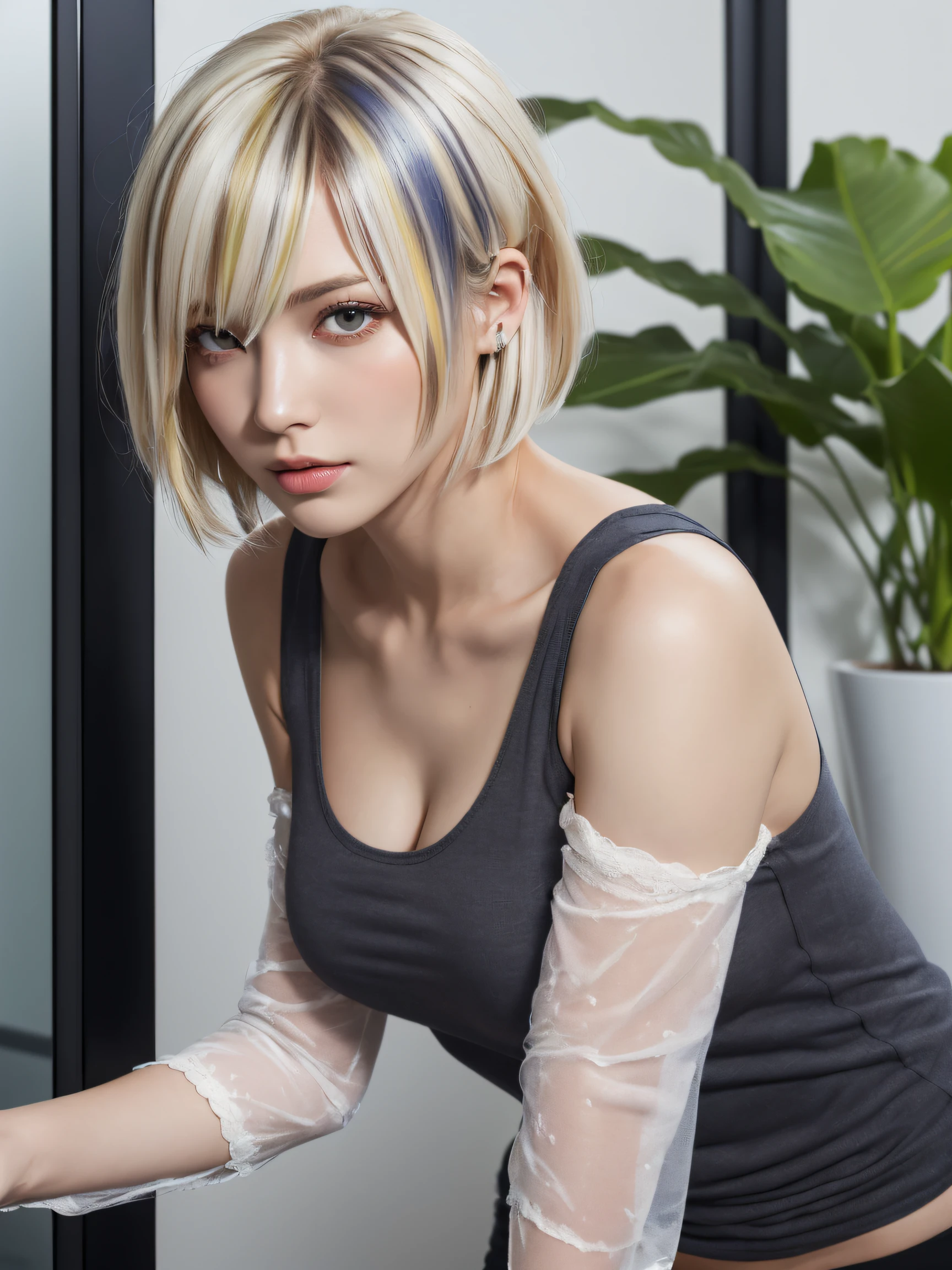 masutepiece, Best Quality, japanaese girl,1girl in, 8K, Raw photo, top-notch quality, masutepiece, nffsw:1.2, exceptionally detailed RAW color photo, professional-grade photograph, (Realistic, Photorealistic:1.37), (highly detailedskin:1.2), Ultra-high resolution, (lenz 50mm), (F/1.2),Exquisitely Detailed Eyes,Staring at the viewer,
break
With 1 girl (There are many elderly people:1.4), Beautiful face, Kawai Mile:1.05),(20yr old, wide-hips,Straight hair, (Short hair), Black eyes, white fine skin,small mouth, high cheekbones (Definition), Sexy Pose,(Leaning forward:1.3),(The to the FW:1.1),White panties、Korean Idol、Nogizaka Idol、hposing Gravure Idol、Astepia, top-quality:1.3), (Ultra detailed 8K cg:1.2), (hyper realisitic:1.35), (Photorealistic:1.45), (Realistic:1.4), Cowboy Shot,
(trendy hair models:1.2), (a pixie cut、textured top:1.4), ((platinum blonde highlights, Not yellowed):1.5), ((wearing a sarong smock, No limit on sleeves):1.2), (The inner layer is a gray tank top.:1.3), (Looking at the hair color sample:1.3), (Salon with modern decor and plants:1.3), ((white salon station, minimalist design):1.2)