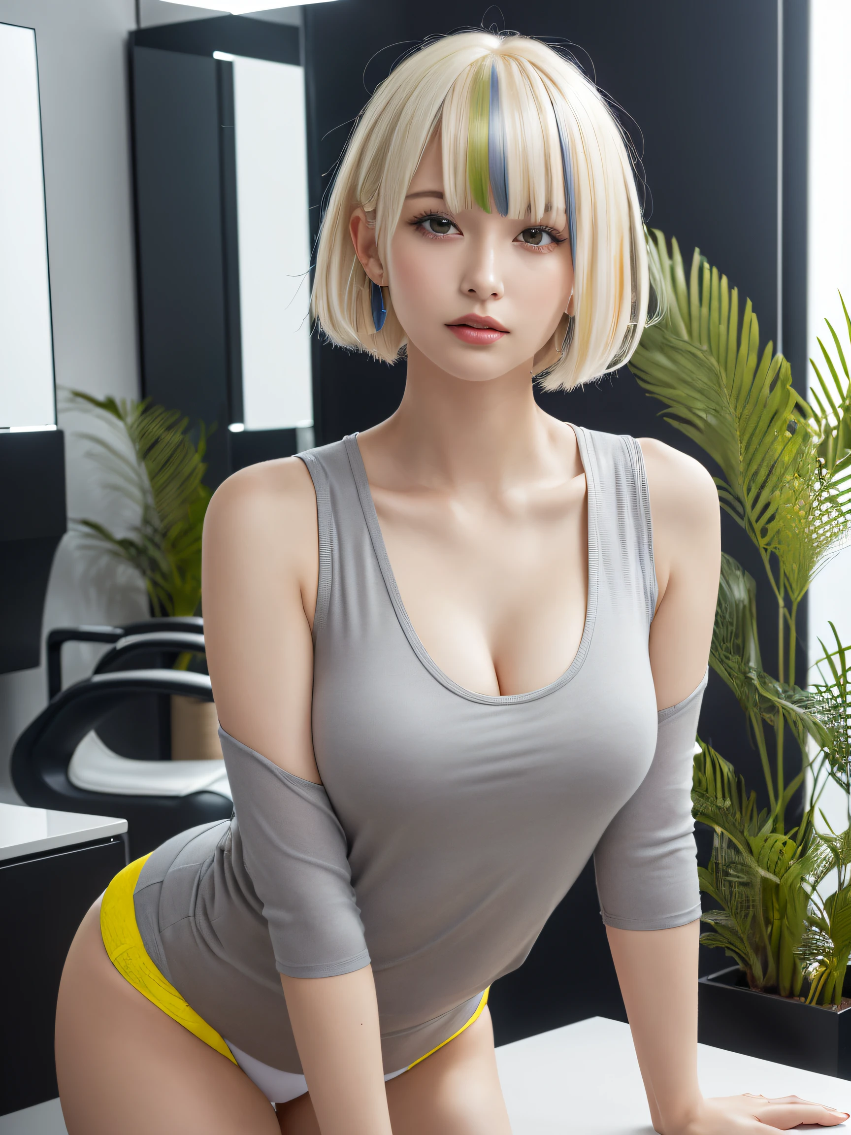 masutepiece, Best Quality, japanaese girl,1girl in, 8K, Raw photo, top-notch quality, masutepiece, nffsw:1.2, exceptionally detailed RAW color photo, professional-grade photograph, (Realistic, Photorealistic:1.37), (highly detailedskin:1.2), Ultra-high resolution, (lenz 50mm), (F/1.2),Exquisitely Detailed Eyes,Staring at the viewer,
break
With 1 girl (There are many elderly people:1.4), Beautiful face, Kawai Mile:1.05),(20yr old, wide-hips,Straight hair, (Short hair), Black eyes, white fine skin,small mouth, high cheekbones (Definition), Sexy Pose,(Leaning forward:1.3),(The to the FW:1.1),White panties、Korean Idol、Nogizaka Idol、hposing Gravure Idol、Astepia, top-quality:1.3), (Ultra detailed 8K cg:1.2), (hyper realisitic:1.35), (Photorealistic:1.45), (Realistic:1.4), Cowboy Shot,
(trendy hair models:1.2), (a pixie cut、textured top:1.4), ((platinum blonde highlights, Not yellowed):1.5), ((wearing a sarong smock, No limit on sleeves):1.2), (The inner layer is a gray tank top.:1.3), (Looking at the hair color sample:1.3), (Salon with modern decor and plants:1.3), ((white salon station, minimalist design):1.2)