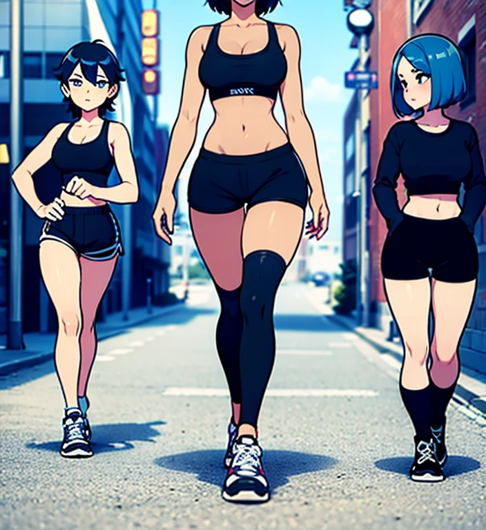 Sexy 25 year old woman, short blue hair, black sports bra and shorts, tiny shorts, boyshorts, spandex shorts, black shorts, knee high socks, below the knee socks, shoes, sneakers, walking, full body, crowded city street