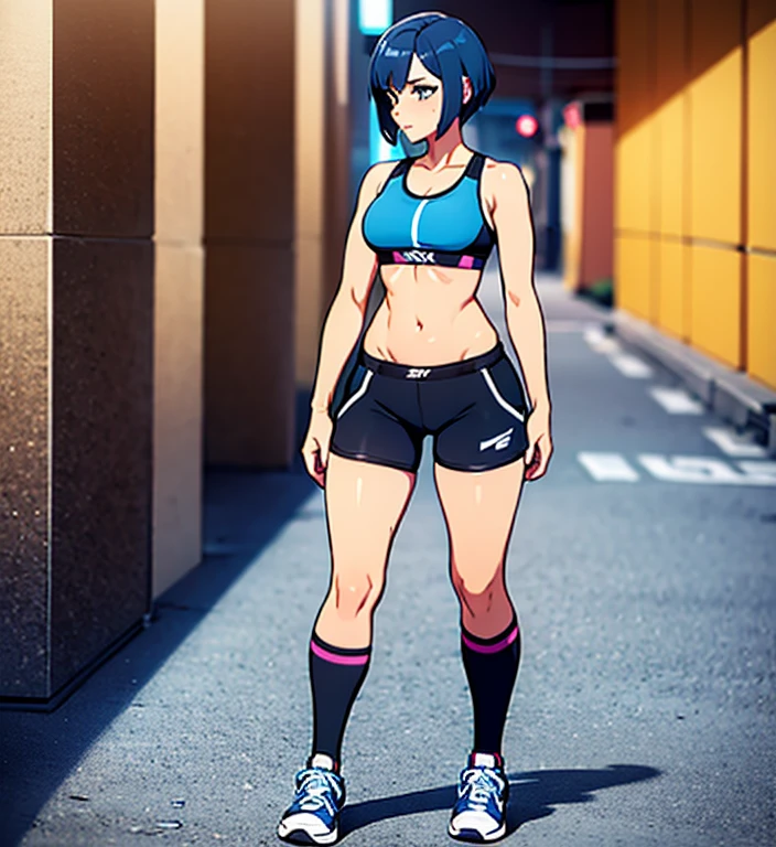 Sexy 25 year old woman, short blue hair, black sports bra and shorts, tiny shorts, boyshorts, spandex shorts, black shorts, knee high socks, below the knee socks, shoes, sneakers, walking, full body, crowded city street