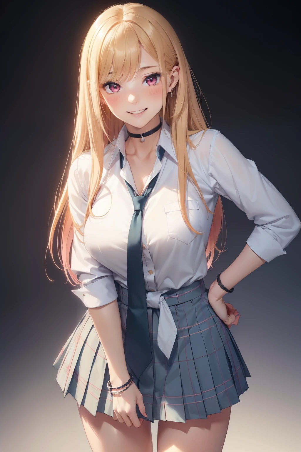 (masterpiece, best quality, ultra-detailed, ultra-HD, photorealistic, cinematic), (alluring anime girl), (Marin Kitagawa), perfect body, , perfect face, perfect hands, delicate face, (large cleavage), round ass, (long round legs), (wide shot, full body view:1.5), (golden blonde hair, peachy pink gradient at the ends), (waist length hair),(wearing high school uniform, a shirt tied at the waist with the sleeves rolled up, a skirt plaid above the knee, and a slightly loosened tie, along with a choker, necklace, and a chain on her wrist, her uniform has a chest pocket on the right), (standing, pose), (gradient background), fuchsia eyes, detailed pupils, nude lips, blushing, (slightly parted lips), psycho smile, excited smile