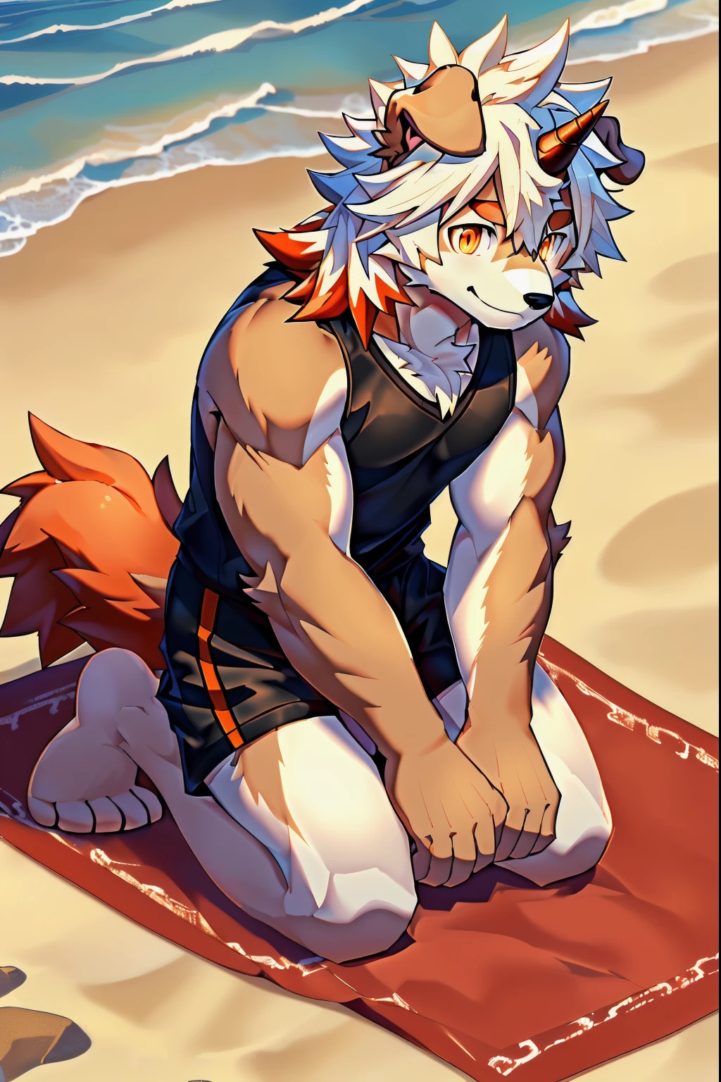 (Thick arms:1.2),(thick leg:1.1),tmasterpiece, Best quality at best, offcial art, Extremely detailed CG-8k wallpaper, ultra - detailed, Best Best Illustration, Hooking (/arknight/), White fur, furry male, Dog boy, shaggy, Two-tone fur, 1 boy, The color hair, malefocus, horn, Striped hair, dog ears, Animal ear, single horn, Brown fur, through bangs, orange color hair, White hair, Medium hair, own, Orange tail,furry tail,(Black pupils),tall,(the shy)，in summer,Barefoot,('s),((Tall and strong)),Lateral face,(A detailed eye),Orange eyes,male people,own,Black pupils),(Details#39;s legs),(keen vision),face flushed,(Detailed hands),(Detailed floor mats,legs long,(detailed finger),upper part of body,(black short stripes),Dog nose,in beach，sandbeach，（（Build sandcastles）），Kneeling，A slight smil，Toothy