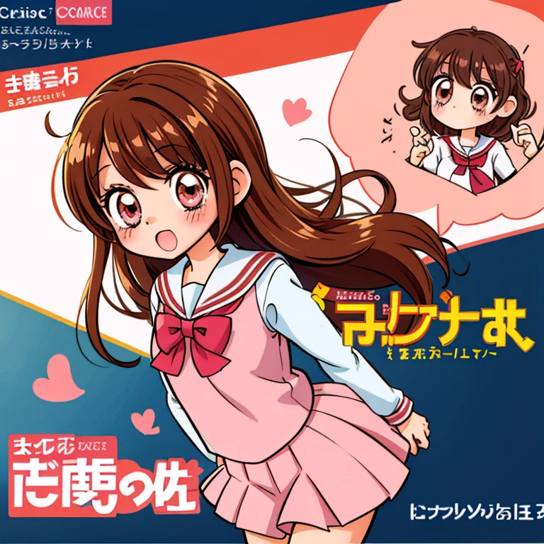 Anime girl, manga style, 1girl, solo, blush, brown hair, long brown hair, pink eyes, school girl uniform