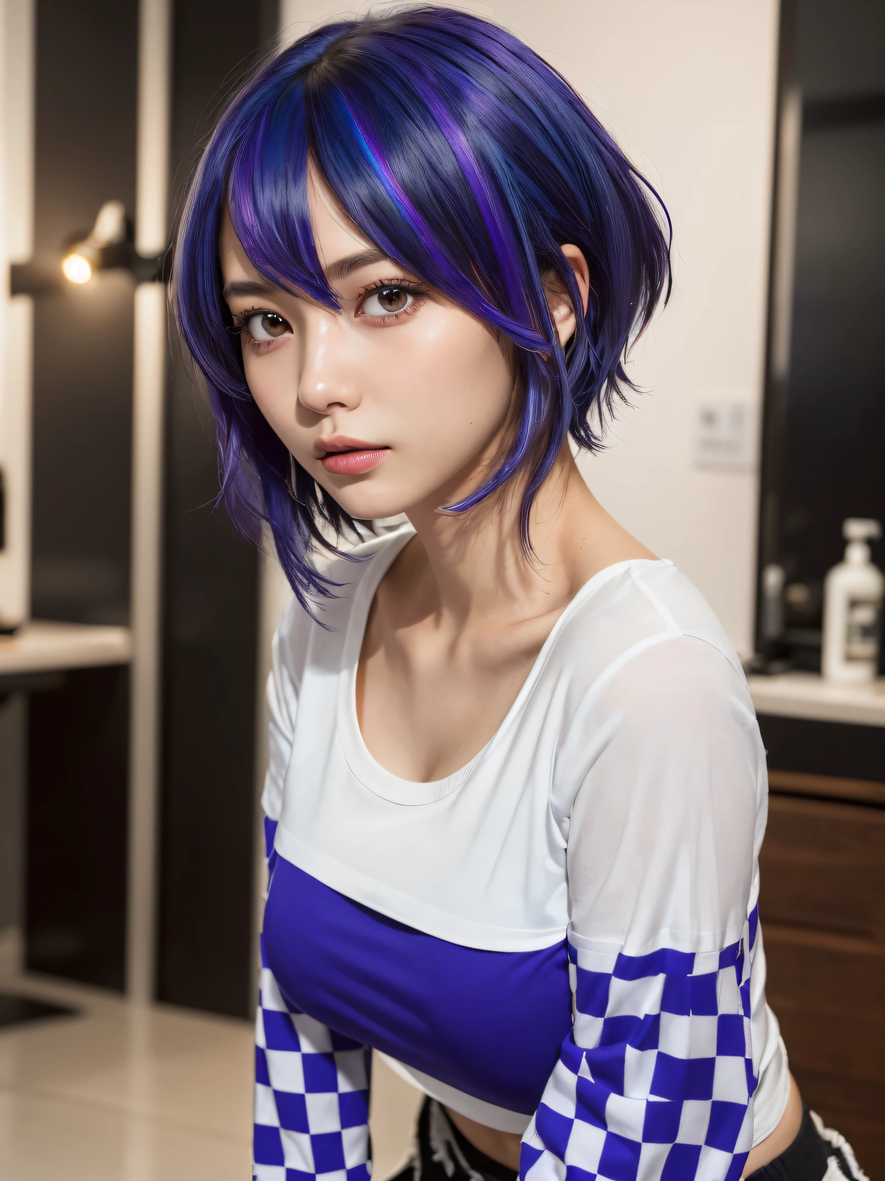 masutepiece, Best Quality, japanaese girl,1girl in, 8K, Raw photo, top-notch quality, masutepiece, nffsw:1.2, exceptionally detailed RAW color photo, professional-grade photograph, (Realistic, Photorealistic:1.37), (highly detailedskin:1.2), Ultra-high resolution, (lenz 50mm), (F/1.2),Exquisitely Detailed Eyes,Staring at the viewer,
break
With 1 girl (There are many elderly people:1.4), Beautiful face, Kawai Mile:1.05),(20yr old, wide-hips,Straight hair, (Short hair), Black eyes, white fine skin,small mouth, high cheekbones (Definition), Sexy Pose,(Leaning forward:1.3),(The to the FW:1.1),White panties、Korean Idol、Nogizaka Idol、hposing Gravure Idol、Astepia, top-quality:1.3), (Ultra detailed 8K cg:1.2), (hyper realisitic:1.35), (Photorealistic:1.45), (Realistic:1.4), Cowboy Shot,
(creative cut model:1.2), (Asymmetrical undercut with artistic design:1.4), ((bright blue and purple hair, never fade):1.5), ((wearing a sarong bib, sleeves are perfect):1.2), (The inner layer is a bold graphic T-shirt:1.3), (pose at the salon&#39;lead stylist of:1.3), (A salon filled with contemporary art and lighting:1.3), ((black and white checkered salon floor):1.2)