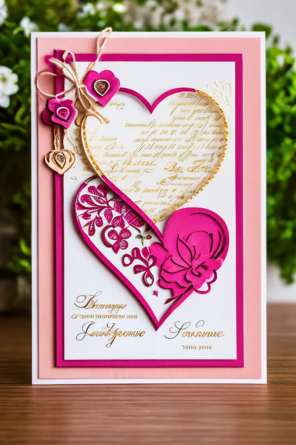 Best quality at best,8K,A high resolution,tmasterpiece:1.2,(actual:1.37),Beautiful greeting cards，postcard，letter with heart picture，In bold font "Bless your lover"，folded postcard， art style postcard，Detailed stamp，Full of lovesickness and blessings，Deeply missed，Emotion，Handwritten style postcard,warm color,gentlesoftlighting,Detailed stamp,papermaking,Love theme,heart-shaped,youthful,handmade look，Precious souvenirs,Decorative elements,There  love,art souvenirs,Artistic creation,Artistic expression,Vibrant colors,Delicate openwork,Unique design,Sentimental Journey.