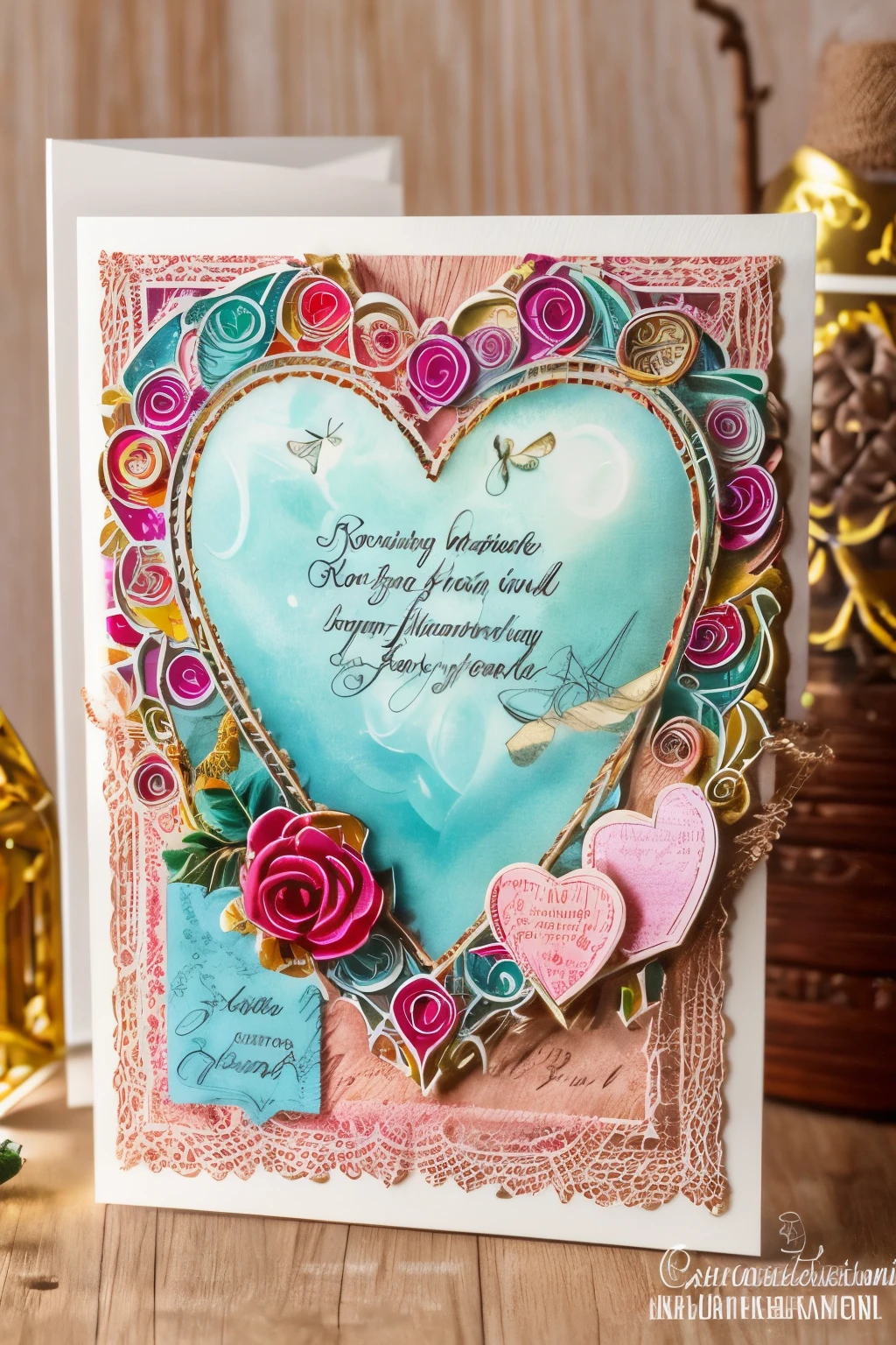 Best quality at best,8K,A high resolution,tmasterpiece:1.2,(actual:1.37),Beautiful greeting cards，postcard，letter with heart picture，In bold font "Bless your lover"，  art style postcard，Detailed stamp，Full of lovesickness and blessings，Deeply missed，Emotion，Handwritten style postcard,warm color,gentlesoftlighting,Detailed stamp,papermaking,Love theme,heart-shaped,youthful,handmade look，Precious souvenirs,Decorative elements,There  love,art souvenirs,Artistic creation,Artistic expression,Vibrant colors,Delicate openwork,Unique design,Sentimental Journey.