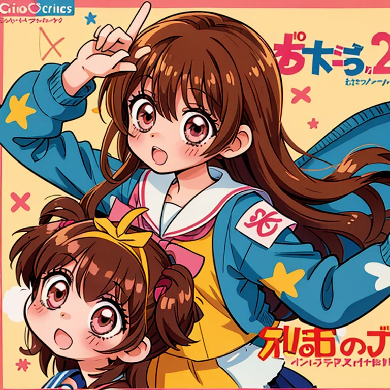 Anime girl, manga style, 1girl, solo, blush, brown hair, long brown hair, pink eyes, school girl uniform