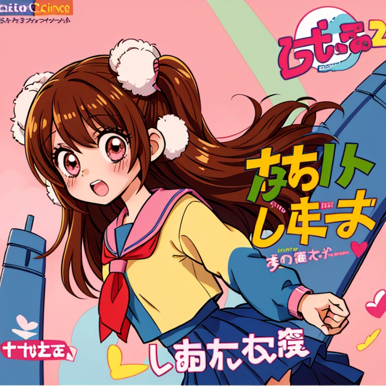 Anime girl, manga style, 1girl, solo, blush, brown hair, long brown hair, pink eyes, school girl uniform