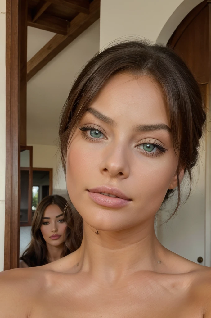 femme hispanique, Models, fille sexy aux yeux bleu et vert, ultra realist, Meticulously detailed, portrait, cheveux bruns et grands yeux, selfie of a young woman, Violet Myers, margot robbie, megane fox, sans maquillage, looking straight at camera, Maquillage discret, Medium to large bust, traits fins, tâches de rousseur sur le visage, polonaise, tàche de rousseur