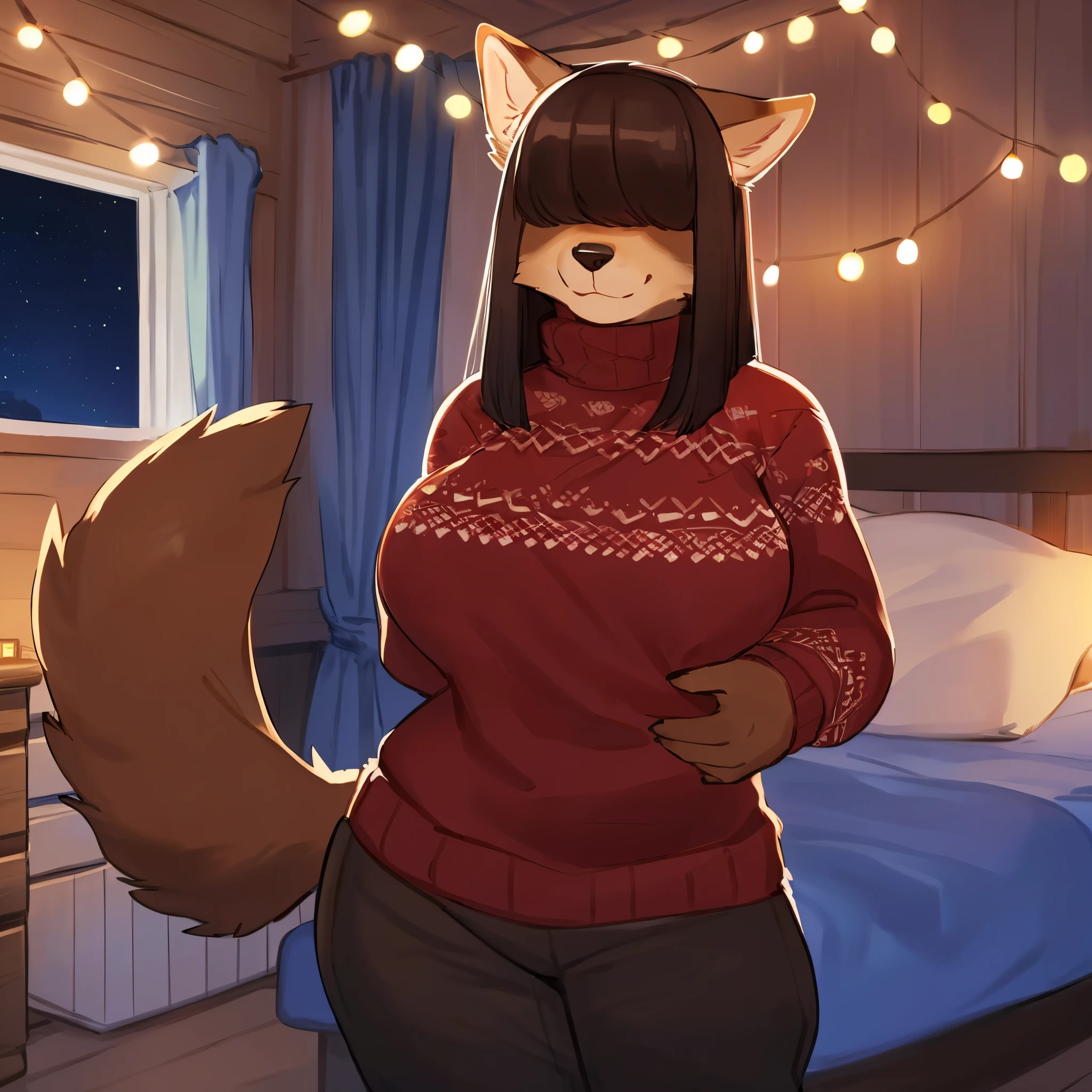 By bebebebebe, by lostgoose, by goonie-san, female, ((canine, snout, hair covering eyes, straight hair, medium hair, flat hair, ears, thin snout, brown fur, big poofy tail)), raised tail, dark maroon hair, muscular, big breasts, smiling, standing, tight sweater, (ugly christmas sweater), cleavage, pajama pants, solo, cozy room, fairy lights, winter outside window, night time