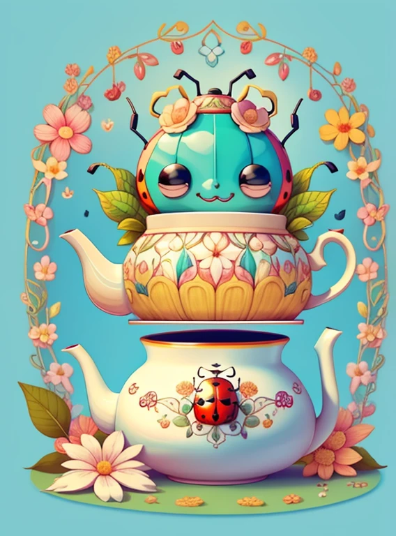 (cute ladybug smiling with tea pot and flowers) Munchkin ,Geometric multidimensional wall portrait, livro de arte, Tchibi,
Yang08k, Beautiful, Colouring,
Obras, of the highest quality, best quality, Arte Oficial, Beautiful and Aesthetic,