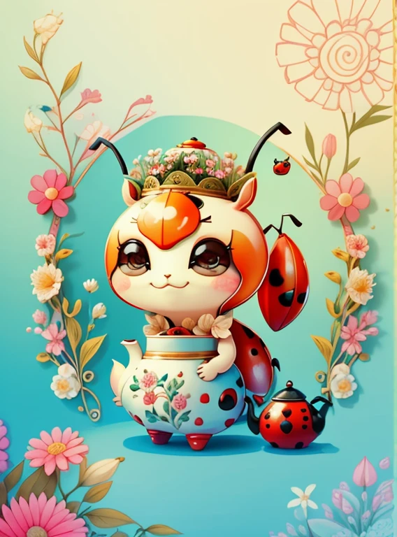 (cute ladybug smiling with tea pot and flowers) Munchkin ,Geometric multidimensional wall portrait, livro de arte, Tchibi,
Yang08k, Beautiful, Colouring,
Obras, of the highest quality, best quality, Arte Oficial, Beautiful and Aesthetic,