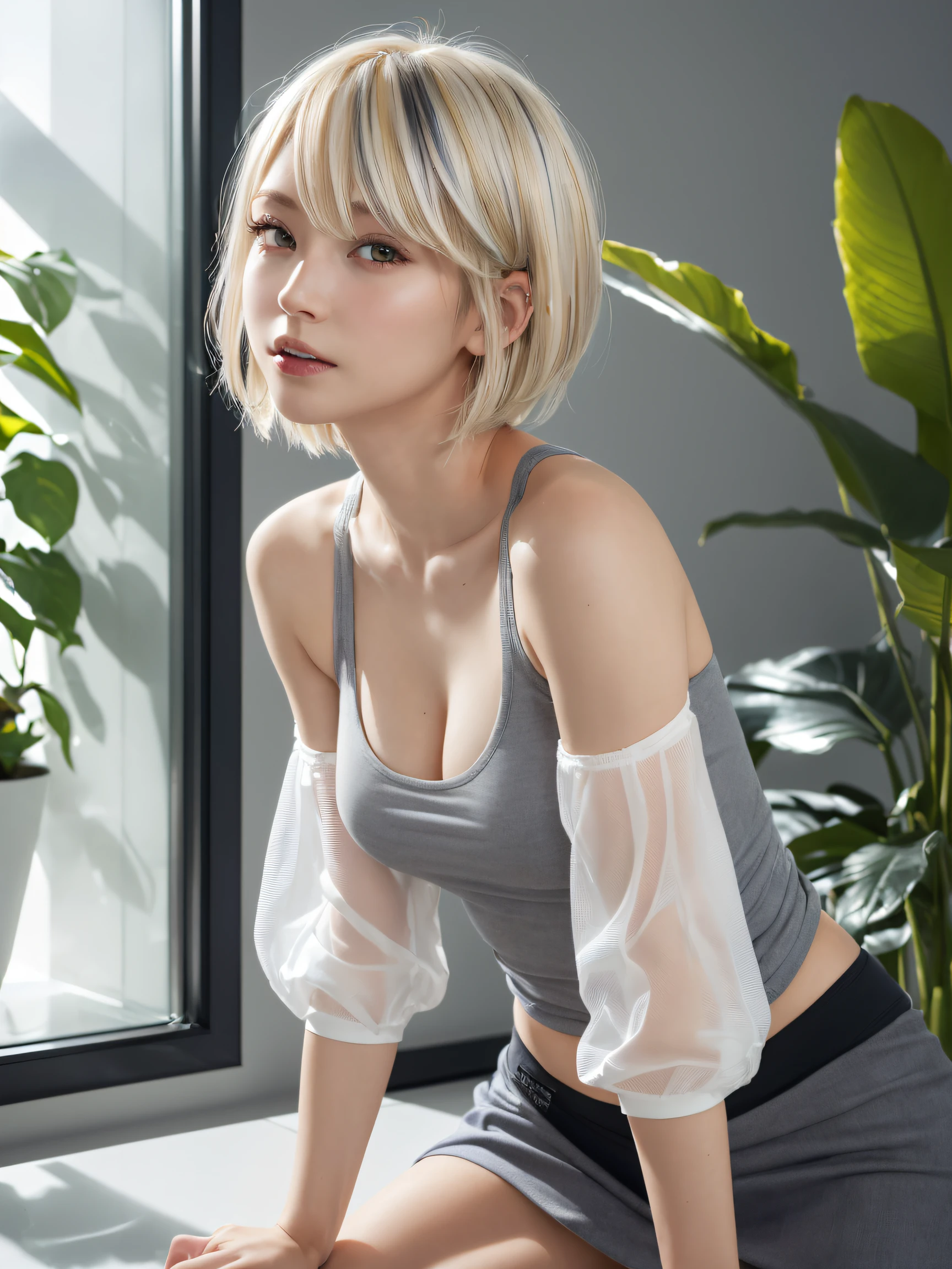 masutepiece, Best Quality, japanaese girl,1girl in, 8K, Raw photo, top-notch quality, masutepiece, nffsw:1.2, exceptionally detailed RAW color photo, professional-grade photograph, (Realistic, Photorealistic:1.37), (highly detailedskin:1.2), Ultra-high resolution, (lenz 50mm), (F/1.2),Exquisitely Detailed Eyes,Staring at the viewer,
break
With 1 girl (There are many elderly people:1.4), Beautiful face, Kawai Mile:1.05),(20yr old, wide-hips,Straight hair, (Short hair), Black eyes, white fine skin,small mouth, high cheekbones (Definition), Sexy Pose,(Leaning forward:1.3),(The to the FW:1.1),White panties、Korean Idol、Nogizaka Idol、hposing Gravure Idol、Astepia, top-quality:1.3), (Ultra detailed 8K cg:1.2), (hyper realisitic:1.35), (Photorealistic:1.45), (Realistic:1.4), Cowboy Shot,
(trendy hair models:1.2), (a pixie cut、Texture Top:1.4), ((platinum blonde highlights, Not yellowed):1.5), ((wearing a sarong smock, No limit on sleeves):1.2), (Underwear is a gray tank top:1.3), (Looking at hair color samples:1.3), (Salon with modern decor and plants:1.3), ((white salon station, minimalist design):1.2)